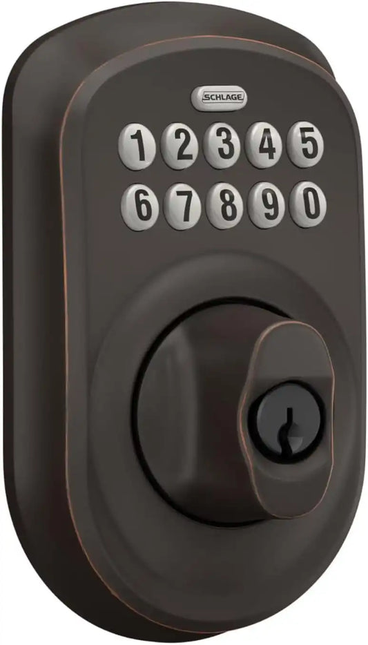 Schlage BE365 PLY 716 Plymouth Keypad Deadbolt, Electronic Keyless Entry Lock, Aged Bronze