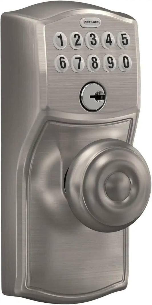 Schlage Electronic Keypad Lock with Knob, Camelot Trim, Satin Nickel