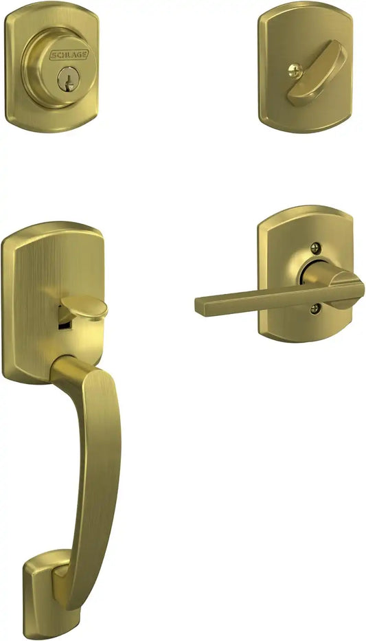 Schlage F60 GRW 608 LAT GRW Greenwich Front Entry Handleset with Latitude Door Lever, Deadbolt Keyed 1 Side, Satin Brass