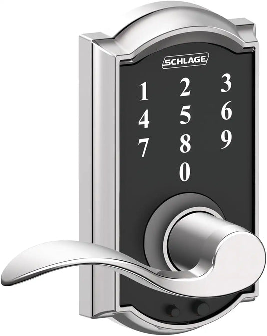 Schlage Touch Electronic Lock, Lever Handle, Camelot Trim, Bright Chrome