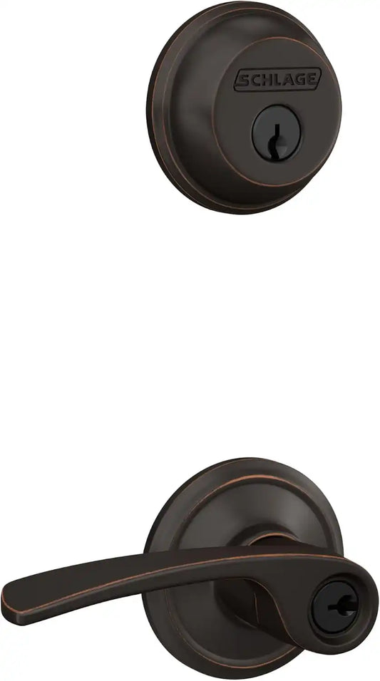 Schlage Deadbolt & Door Handle Set, Merano Lever, Aged Bronze