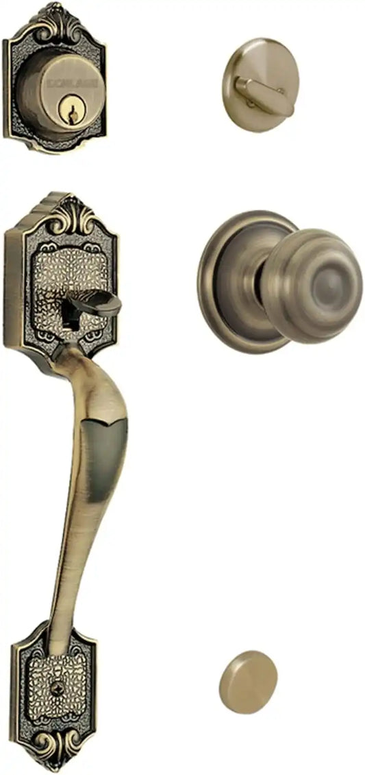 SCHLAGE Front Door Entry Handleset, Georgian Knob, Antique Brass