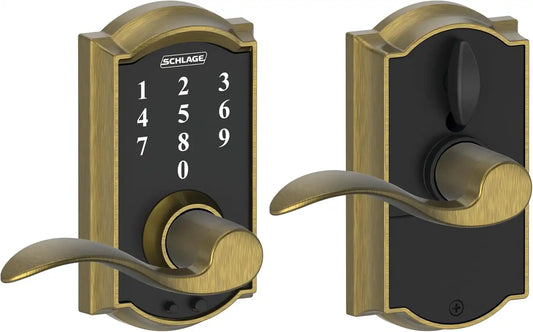 Schlage Touch Electronic Lock, Lever Handle, Camelot Trim, Antique Brass