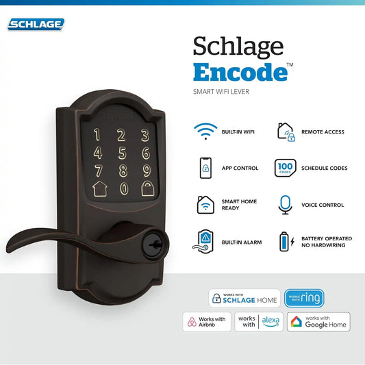 Schlage Encode Smart WiFi Lock, Lever Handle, Camelot Trim, Aged Bronze
