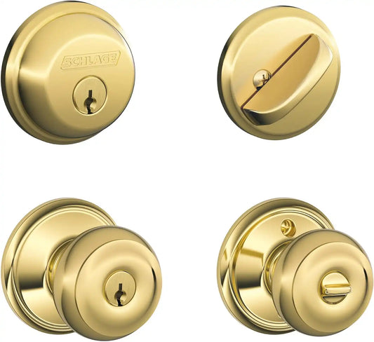 Schlage FB50N V GEO 505 B60 Single Cylinder Deadbolt and F51 Keyed Entry Georgian Knob Keyed Alike, Bright Brass Finish