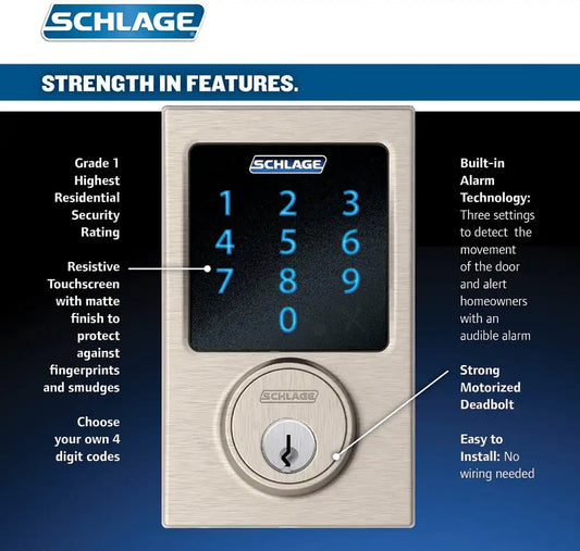 SCHLAGE Connect Century Touchscreen Deadbolt with Built-In Alarm and Handleset Grip with Latitude Lever, Satin Nickel, FE469NX LAT 619 CEN