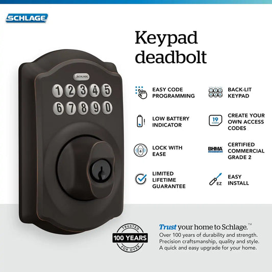 Schlage Electronic Keypad Deadbolt Lock, Camelot Trim, Aged Bronze