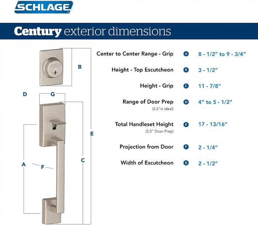 Schlage F58 CEN 622 Century Single Cylinder Exterior Entrance Handleset Lock, Matte Black (Exterior Half Only)