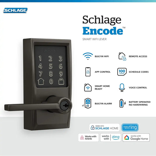 Schlage Encode Smart WiFi Lock, Lever Handle, Camelot Trim, Black Stainless