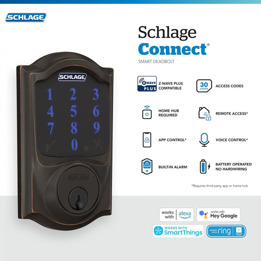 Schlage Connect Smart Deadbolt Lock with Camelot Trim, Aged Bronze
