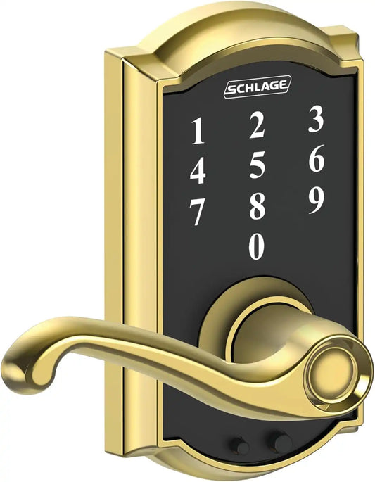 Schlage Touch Electronic Lock, Lever Handle, Camelot Trim, Bright Brass