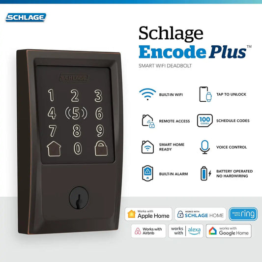 Schlage Encode Plus Smart WiFi Deadbolt Lock, Tap to Unlock, Aged Bronze