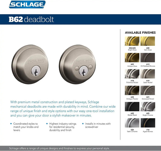 SCHLAGE Double Cylinder Deadbolt, Satin Brass (B62 N 608)