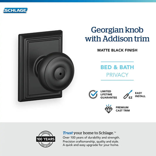 Schlage Georgian Bed/Bath Privacy Door Knob with Lock, Matte Black