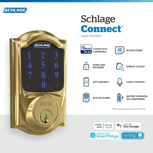 Schlage Connect Smart Deadbolt Lock with Century Trim, Bright Brass