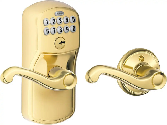 Schlage Electronic Keypad Lock, Lever Handle, Camelot Trim, Bright Brass