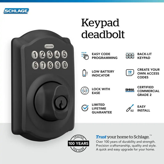 Schlage Electronic Keypad Deadbolt Lock, Camelot Trim, Matte Black