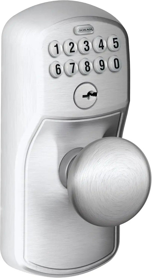 Schlage Electronic Keypad Lock, Lever Handle, Plymouth Trim, Satin Chrome