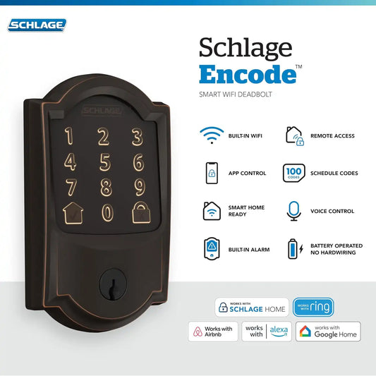 Schlage Encode Smart WiFi Deadbolt Lock with Camelot Trim, Aged Bronze