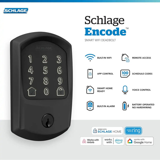 Schlage Encode Smart WiFi Deadbolt Lock with Greenwich Trim, Matte Black
