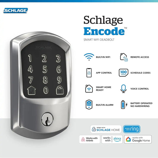 Schlage Encode Smart WiFi Deadbolt Lock with Greenwich Trim, Bright Chrome