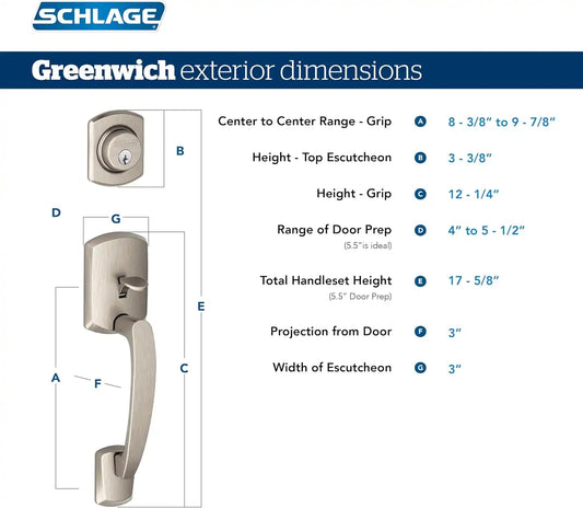 Schlage F60 GRW 608 LAT GRW Greenwich Front Entry Handleset with Latitude Door Lever, Deadbolt Keyed 1 Side, Satin Brass