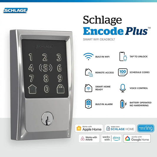 Schlage Encode Plus Smart WiFi Deadbolt Lock, Tap to Unlock, Bright Chrome