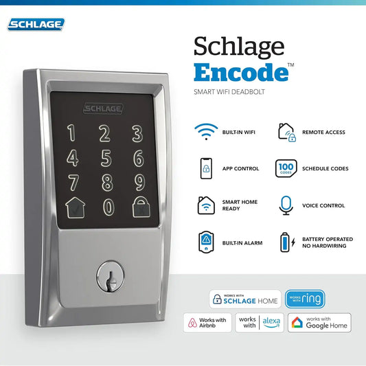Schlage Encode Smart WiFi Deadbolt Lock with Century Trim, Bright Chrome