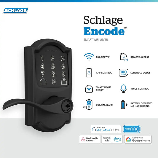 Schlage Encode Smart WiFi Lock, Lever Handle, Century Trim, Matte Black