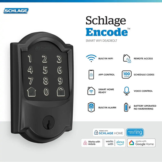 Schlage Encode Smart WiFi Deadbolt Lock with Camelot Trim, Matte Black