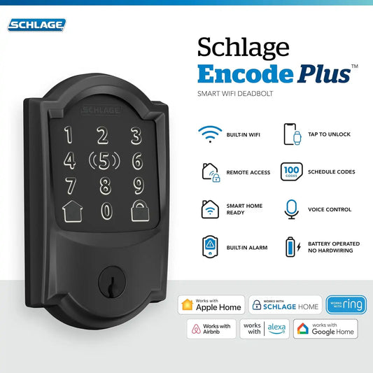 Schlage Encode Plus Smart WiFi Deadbolt Lock, Tap to Unlock, Matte Black