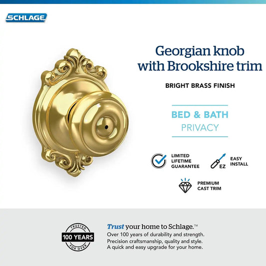 SCHLAGE Georgian Bed/Bath Privacy Door Knob with Lock, Bright Brass