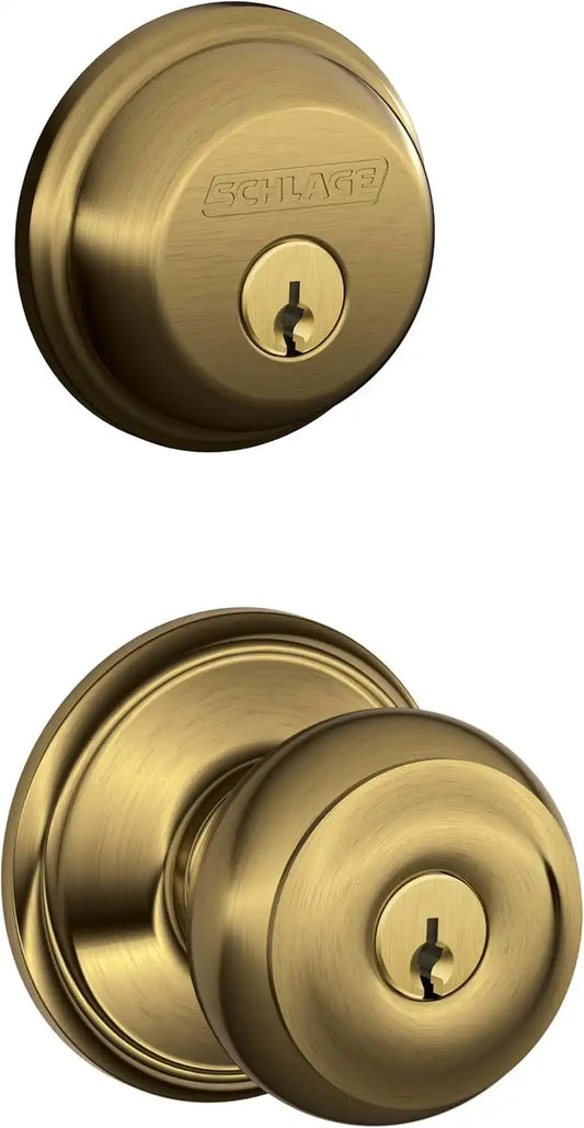 Schlage Deadbolt & Door Knob Set, Georgian Knob, Antique Brass