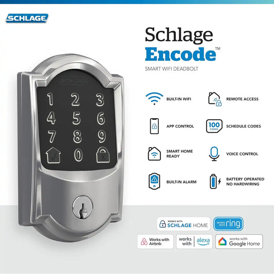 Schlage Encode Smart WiFi Deadbolt Lock with Camelot Trim, Bright Chrome
