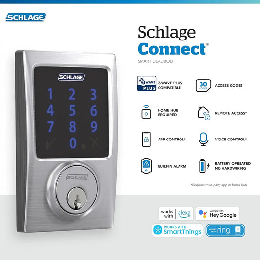 Schlage Connect Smart Deadbolt Lock with Century Trim, Satin Chrome