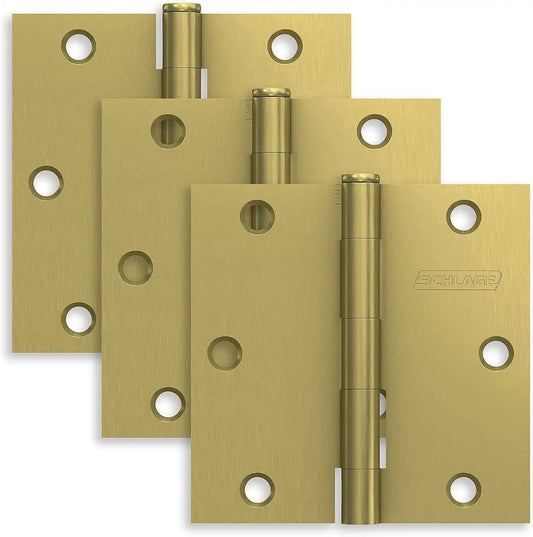 Schlage 3.5" Door Hinge with Square Corner in Satin Brass (3-Pack)