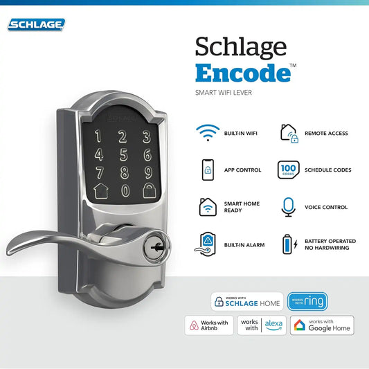 Schlage Encode Smart WiFi Lock, Lever Handle, Century Trim, Bright Chrome
