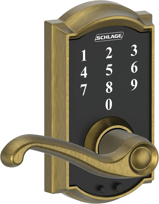 Schlage Touch Electronic Lock, Lever Handle, Camelot Trim, Antique Brass