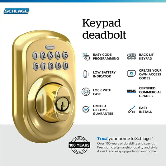 Schlage Electronic Keypad Deadbolt Lock, Plymouth Trim, Bright Brass