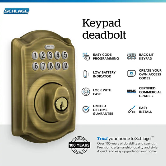 Schlage Electronic Keypad Deadbolt Lock, Camelot Trim, Antique Brass