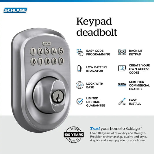 Schlage Electronic Keypad Deadbolt Lock, Plymouth Trim, Satin Chrome