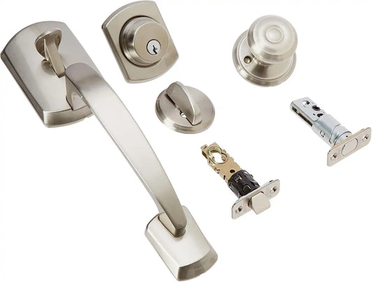 Schlage F60GRW619GEO Greenwich Active Door Handleset with Georgian Interior, Satin Nickel
