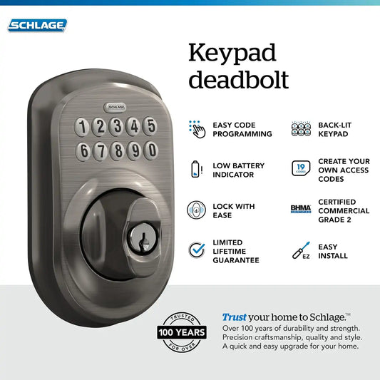 Schlage Electronic Keypad Deadbolt Lock, Plymouth Trim, Antique Pewter